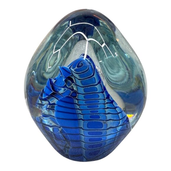 Blue Black Swirl Robert Eickholt Art Glass Blue Swirl Paperweight Signed 2000 - Picture 3 of 7
